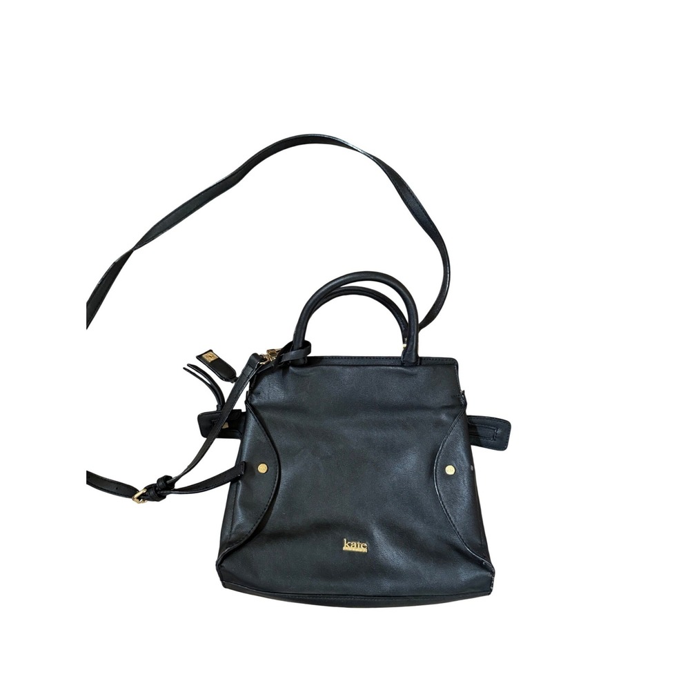 Kate Landry Black Leather Satchel Crossbody Bag Gold Hardware Striped Lining